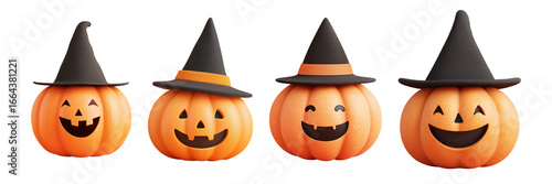Halloween pumpkins set isolated on transparent white background, Smiling jack-o'-lantern with witch hat,halloween pumpkin with witch hat,Carved Halloween pumpkins