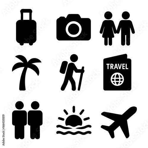 Travel Icon Set: A comprehensive collection of travel-related icons including a suitcase, camera, couple, palm tree, hiker, passport, group, sunrise and airplane.