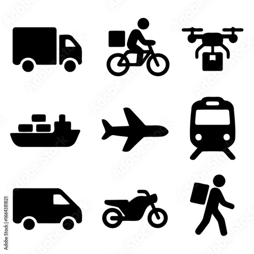 Transport Icons: A collection of simple black icons illustrating various modes of transportation, symbolizing the essential movement of goods and people in our daily lives.