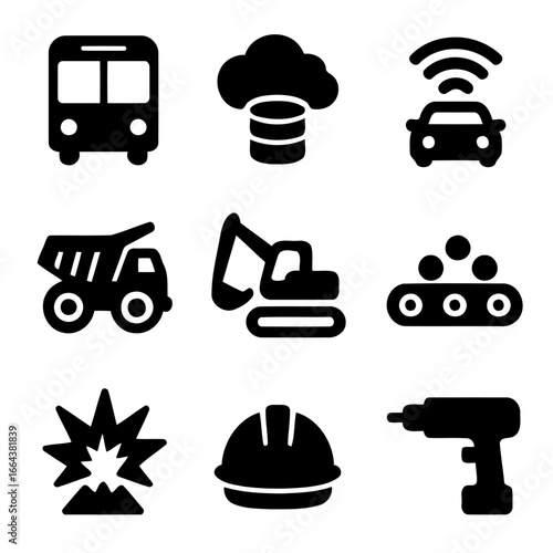 Icons of Industry: A collection of flat design icons, showcasing essential tools and modes of transport, representing diverse aspects of infrastructure and technology