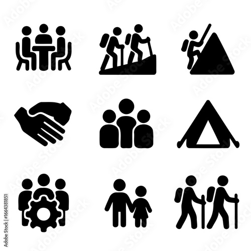 Iconic Social Activity Icons: A collection of meticulously crafted graphic icons. The icons capture diverse activities and scenarios.