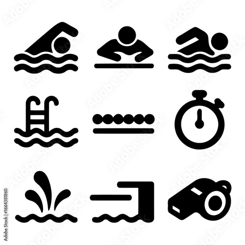 Swimming Icons: A collection of sleek black and white icons showcases the various facets of the swimming experience, perfectly suited for digital applications and design projects. 