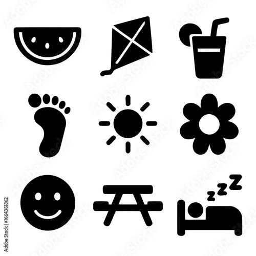 Summer Icons: A collection of monochrome icons evokes the essence of summer, featuring watermelon, kite, refreshing juice, footprint, bright sun, flower, happy face, picnic table, and sleeping person.
