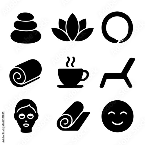 Spa and Relaxation Icon Set: A minimalist icon set featuring zen stones, lotus flower, tea, beach chair, and smiley face representing spa, relaxation, and well-being concepts. 