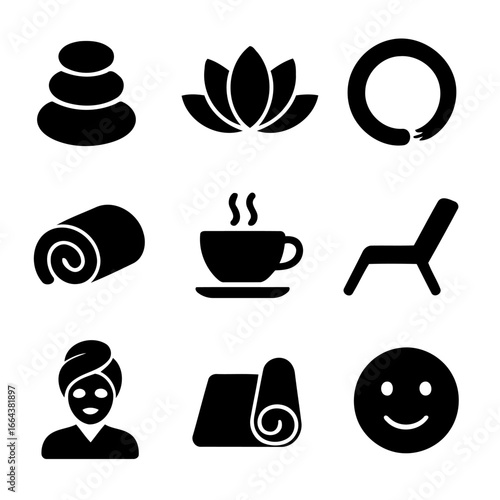 Zen Icons: A collection of minimalist icons representing tranquility, wellness, and the essence of self-care, perfect for a holistic lifestyle concept. 