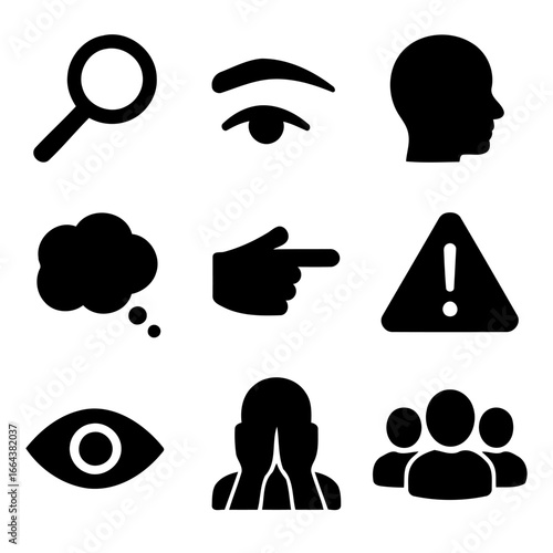 Visual Perception Icons: A curated collection of symbolic icons represent the intricacies of human vision, ranging from searching and awareness to warning and observation.
