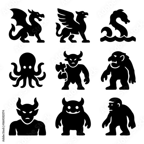 Mythical Creature Silhouette Icons: A diverse collection of black silhouette icons, showcasing a range of mythical creatures in a clean, graphic style, perfect for design projects.