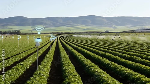 Smart farming technology in a vast, verdant field under a clear sky, with automated irrigation and sensor-equipped poles monitoring crop health and conditions amidst rolling hills in the background