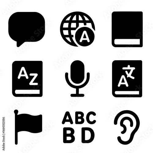 Language and Translation Icon Set: A comprehensive suite of minimalist vector icons that elegantly represent the world of language translation and communication.
