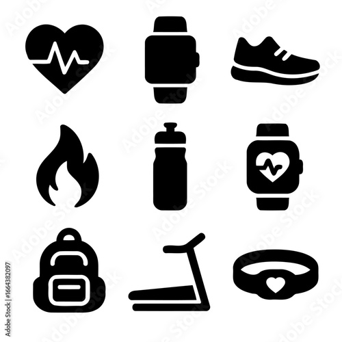Fitness Elements Collage: A compilation of fitness icons including heart rate symbols, smartwatch, athletic shoe, a flame, water bottle, backpack, treadmill, and heart rate tracker.