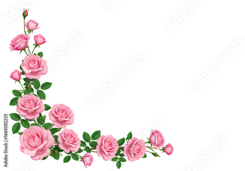 Fototapeta Naklejka Na Ścianę i Meble -  Pink Rose Corner Border: Floral Design Element for Wedding Invitations, Cards & Decorations isolated on transparent background