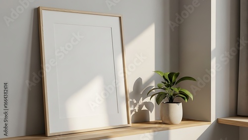 Blank wooden picture frame mockup with plant and sunlight on a shelf