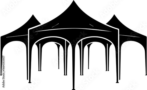 Black silhouette of a canopy tent with multiple peaked roofs, supported by sturdy poles, ideal for outdoor events and gatherings, showcasing a classic design