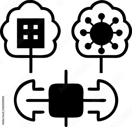 Black and white minimalist illustration of a data transfer concept. Featuring stylized tree-like shapes and a central square, the design conveys data exchange or connection. 