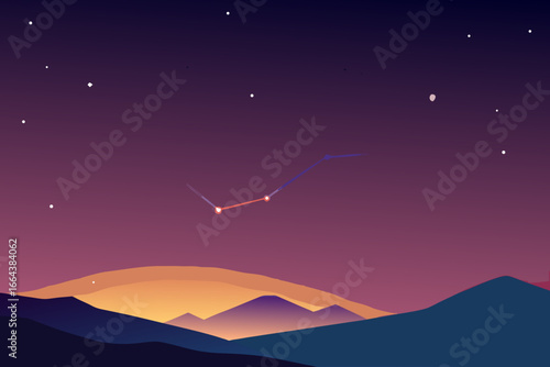 Stylized minimalist landscape with a constellation in a purple twilight sky
