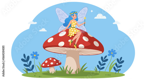 Whimsical Fairy Sitting on a Mushroom Illustration