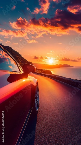 Convertible car driving on coastal road at vibrant sunset