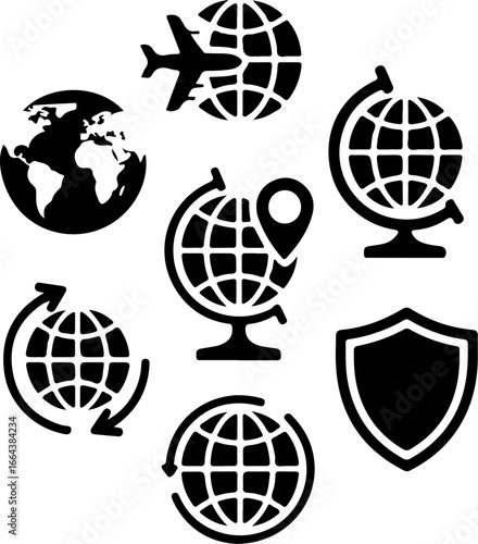 A collection of black and white icons representing travel, security, and global connectivity themes