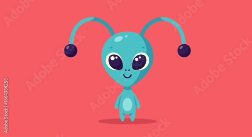 Friendly blue alien with big eyes and antennae, cartoon illustration