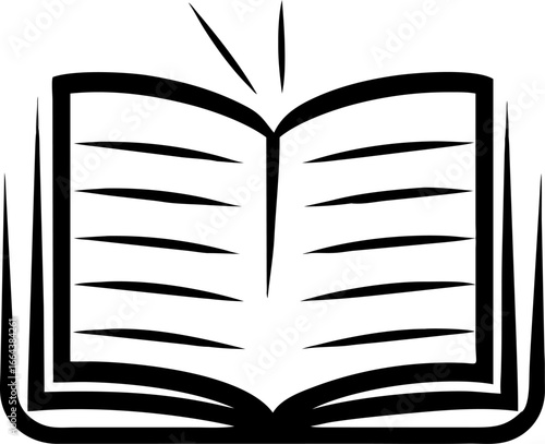 Open Book Icon A simple black and white illustration depicting an open book, with lines representing pages and radiating lines suggesting knowledge and learning. 