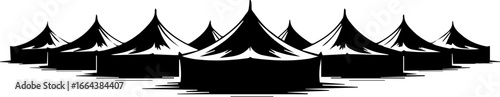 Stylized Black and White Illustration of Tent Structures in a Row with Shadow Effects and Minimalist Design