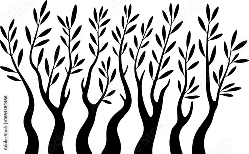 A stylish silhouette illustration of an olive tree grove with black branches and leaves against a white background, perfect for design projects