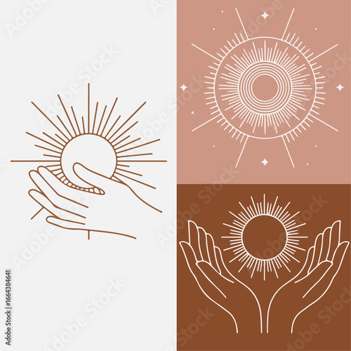 hands holding a planet, sun and moon