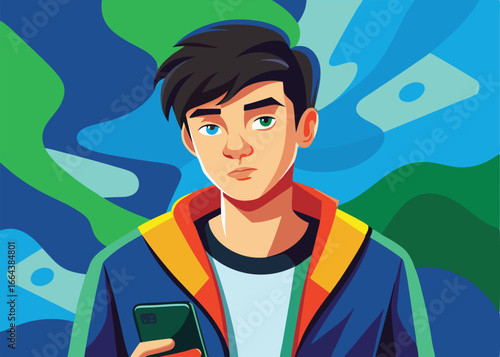 A vibrant and colorful illustration of a teenage boy holding a smartphone.