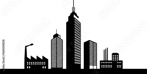 A silhouette of a cityscape with various buildings including factories and skyscrapers on a white background