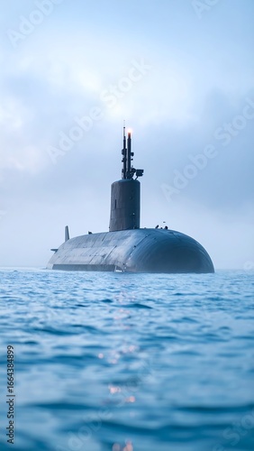A nuclear submarine at sea on a calm day, its silhouette is visible against a muted sky