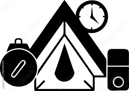 Camping Adventure Essentials A minimalist illustration featuring a tent, compass, clock, and other camping gear. Perfect for outdoor enthusiasts.