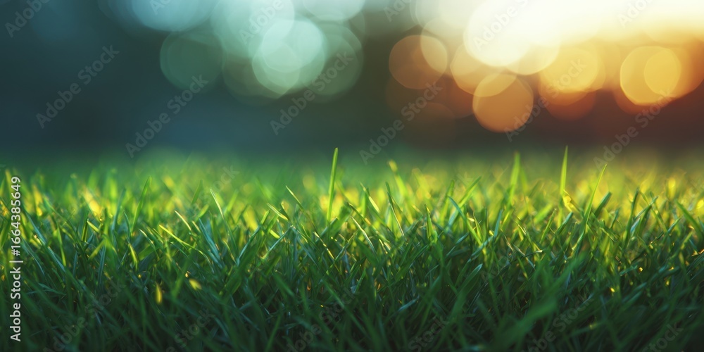 Obraz premium The Grass in Morning Sunlight with Dewy Close-Up and Soft Bokeh Background