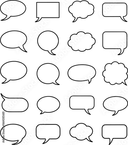 Blank speech bubbles, comic chat icons, conversation frames, dialogue symbols, communication elements, message cloud shapes, talk balloon design, outline vector