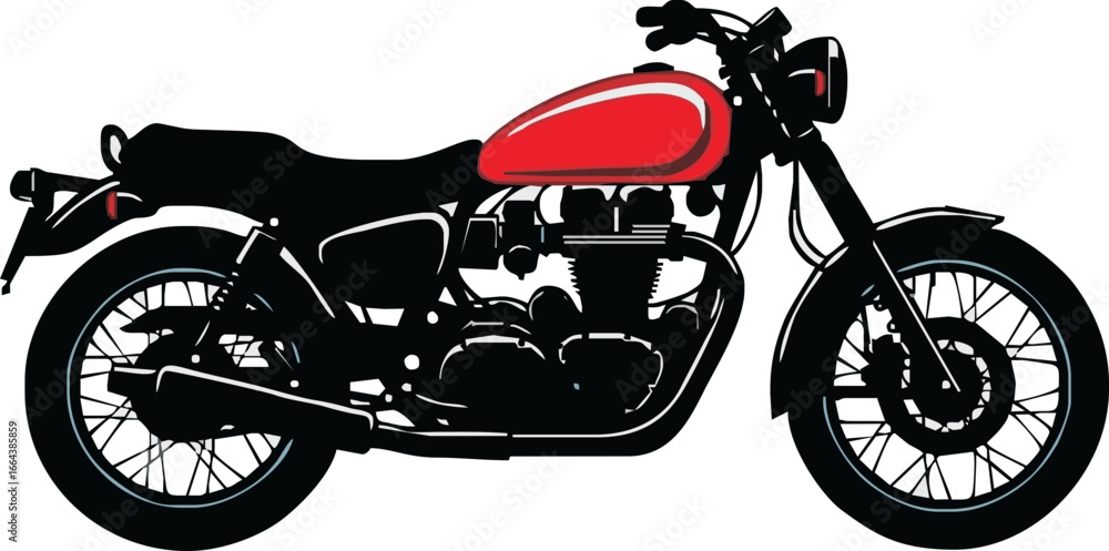 Fototapeta premium A classic black motorcycle with a vibrant red fuel tank, depicted in a clean side profile vector illustration.