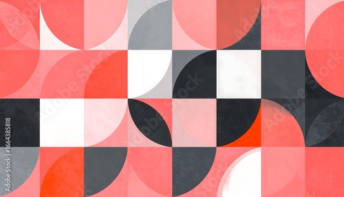 Geometric Harmony: A captivating geometric design unfolds, with squares, circles and striking blend of color, shapes and textures, offering a visual feast for the senses.