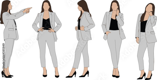 Businesswoman illustration in gray suit, confident female professional, office executive character, leadership concept, modern career woman, corporate attire, success