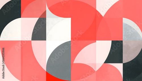 Geometric Abstraction: A vibrant and dynamic composition featuring interlocking geometric shapes, combining red, gray, and white hues, creating a visually engaging and modern design.