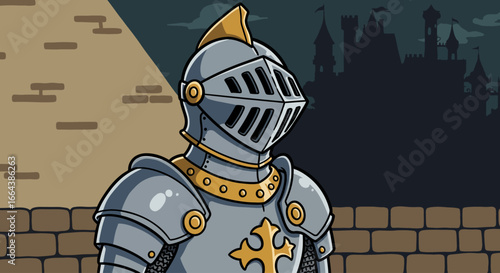 Chivalrous Cartoon Knight in Shining Armor Against a Dark Fantasy Castle Backdrop