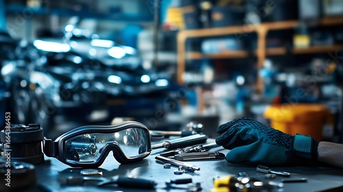 Mechanics workbench with rugged safety goggles gloves and tools laid out capturing a focused hands on setting in an automotive repair shop with a background of vehicle parts