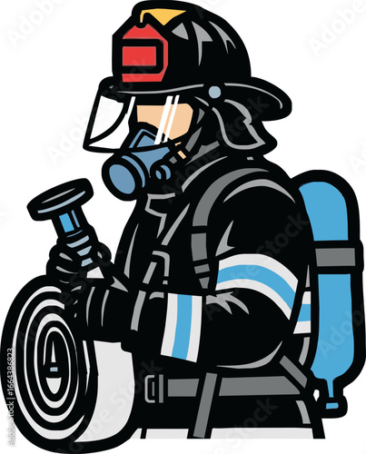 A firefighter in full uniform with a helmet, respirator mask, and oxygen tank, holding a rolled fire hose.