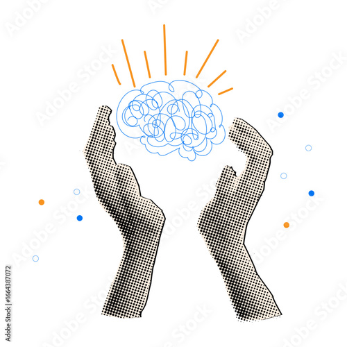 Trendy halftone collage hand holding shiny brain against white background,knowledge idea concept