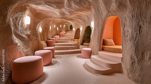 Unique Pink and Orange Cave Interior Design with Soft Lighting and Plush Seating