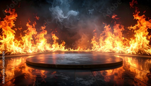 Fiery Stage: An empty circular stage is engulfed in flames, with a backdrop of smoky ambiance and a sense of anticipation.