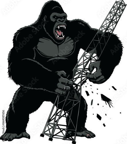 A ferocious gorilla, roaring with anger, demolishes a tall communication tower with its powerful hands.