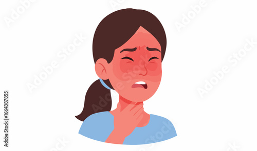 Vector Woman experiencing a painful sore throat with a flushed face, illustrating discomfort from fever, cold, or allergic reaction