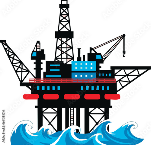A stylized illustration of an offshore oil rig platform with a derrick, standing in wavy blue ocean water.