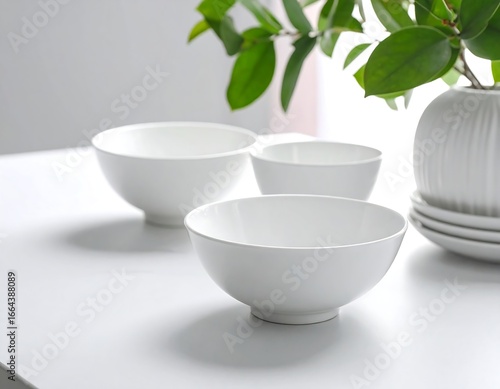 White bowls on table, indoor setting
