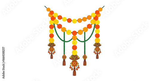 Vibrant toran decoration with beaded garlands and tassels for festive look