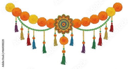 Festive floral toran decoration adornment with bright colors and tassels hanging