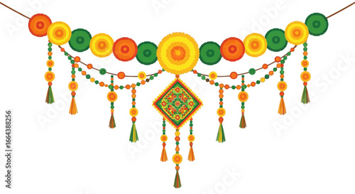 Vibrant toran illustration with tassels and beaded garlands for festive decor